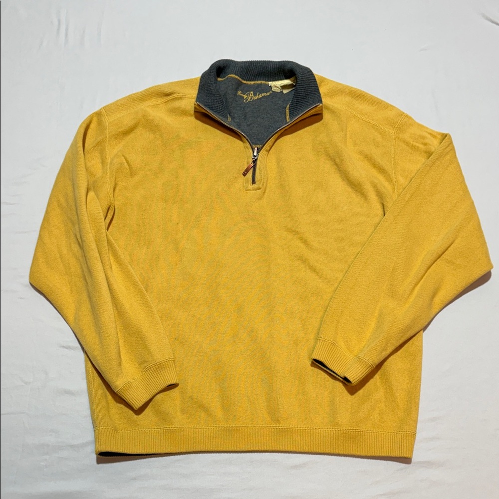 Men’s Tommy Bahama Mustard Yellow Zip-Up Sweater with Charcoal Collar Size L